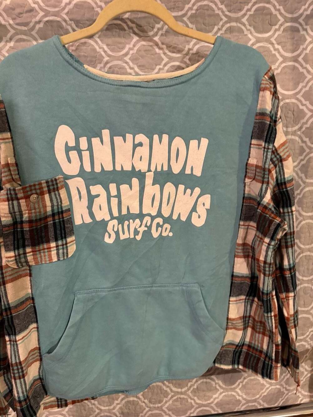 Cinnamon Rainbows Surf Co. Blue Sweatshirt with Plaid Flannel Sleeves